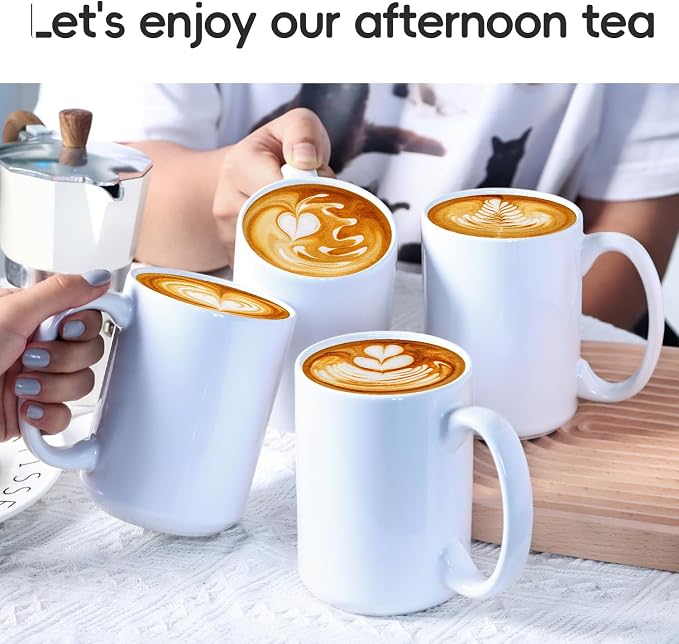 16 OZ Coffee Mugs, Classic Blank Ceramic Cup with Large Handle for Tea Latte Cappuccino, Set of 4, White - Image 2