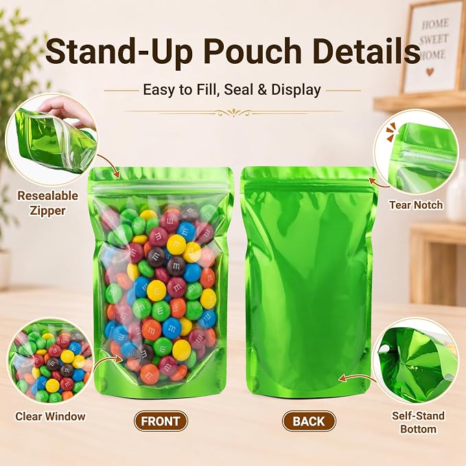 ANZNKU 100PCS Mylar Bags Resealable Small Smell Proof Bags(Green, 4x6) | Stand Up Foil Pouches Clear Window, Sealable Bags for Small Business Packaging Snack Party Favors Candy Treats Food Storage - Image 4