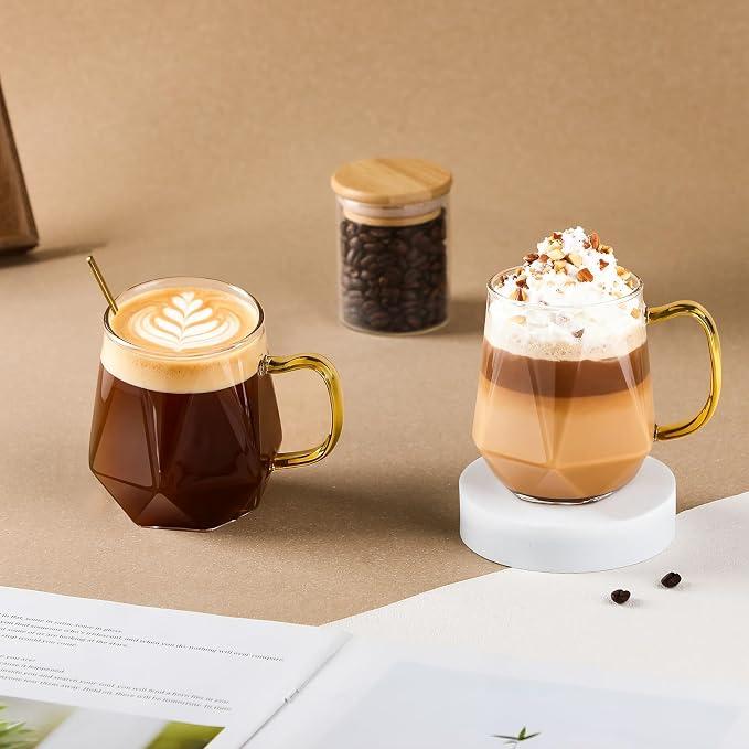Glass Coffee Mugs 12oz with Handle and Spoon, Set of 2 | 350ml Glass Coffee Cups for Hot and Cold Drinks, Withstand -20℃ to 150℃, for Cappuccino Latte Macchiato Espresso Juice - Image 6