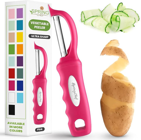 Spring Chef Swivel Vegetable Peeler for Kitchen w/Soft Grip Handle, Pink | Premium Potato Peeler w/ Ultra Sharp Stainless Steel Blades, Multifunctional Veggie Peeler for Apple, Carrot, Cucumber, Fruit by SpringChef