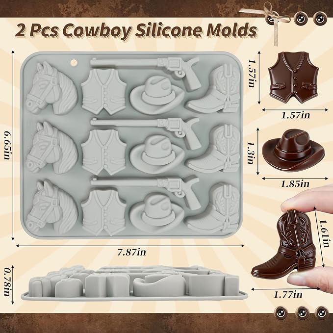 Western Theme Silicone Molds, 2-Pack Cowboy Chocolate Mold 15-Cavitiy | Cowboy Candy Molds with Hat Boot Horse for Cake Decorations Ice Cubes Gummy Cookies Jelly Soaps Candles - Image 3