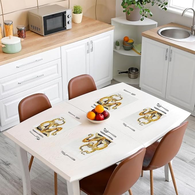 Feelyou Gald Octopus Placemats Set of 4 12"x18" Ocean Kraken Table Mats Placemat Room Decor Tentacles Placemats for Dining Table Indoor Outdoor Kitchen Sealife Sea Animal Decor Table Place Mats White - Image 3