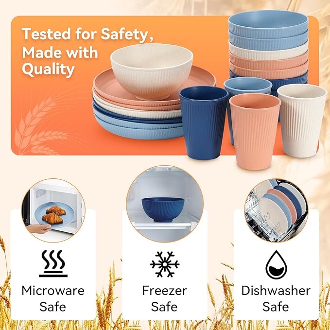 Wheat Straw Dinnerware Sets,64-Piece Plates and Bowls Sets for 8-Unbreakable,Reusable Plastic Dish Set-Dinner Plate/Dessert Plate/Cereal Bowl/Cup/Utensils-Microwave Dishwasher Safe 64P-Profound Gray - Image 3