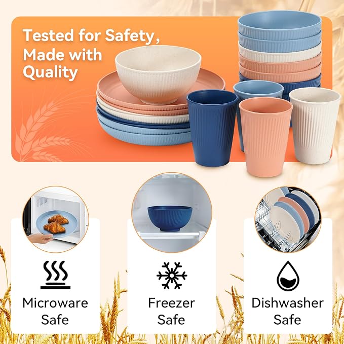 Wheat Straw Dinnerware Sets,64-Piece Plates and Bowls Sets for 8-Unbreakable,Reusable Plastic Dish Set-Dinner Plate/Dessert Plate/Cereal Bowl/Cup/Utensils-Dishwasher Safe 64P-Coral Coast - Image 3