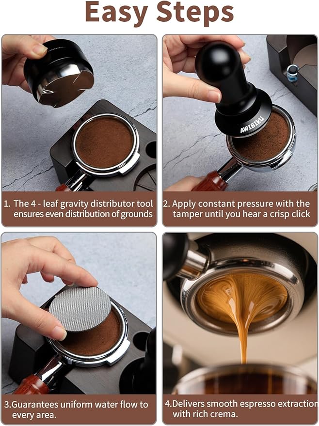 53.3mm Espresso Tamper Set – 30lb Calibrated Spring-Loaded Coffee Tamper with Click Feedback, 4-Leaf Leveler, 316 Stainless Steel Puck Screen Anti-Slip Mats for 54mm Portafilter