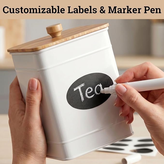 Kitchen Canisters for Countertop Set of 3 w/ Chalkboard Labels & Marker Pen | Airtight Easy Open Bamboo Lids, Dent-Resistant Thick Metal, Customizable Chalkboard Labels, Marker Pen Included, Set of 3 - Image 5