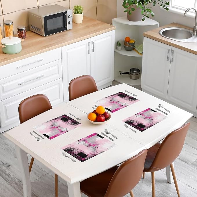 Feelyou Kids Pink Grey Placemats Set of 4 18"x12" Abstract Table Place Mats, for Boys Decor Geometric Modern Placemat for Kitchen Dining Table Decor Indoor Outdoor Geometric - Image 3