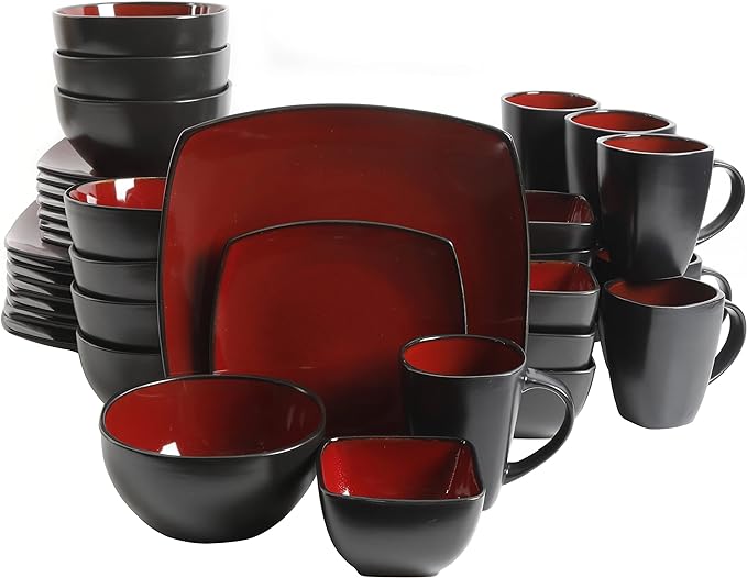 Gibson Elite Soho Lounge Square Reactive Glaze Stoneware Dinnerware Set, Service for 8 (40pc), Red/Black by GibsonHomewares