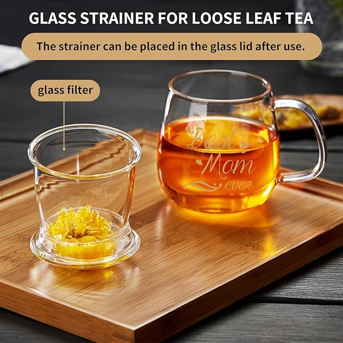 Glass Tea Cup 17.6oz, “Best Mom Ever” Mothers Day Cup with Gift Box, Gifts Mug for Mom, Glass Mug Teacup, Tea Cups for Mom Birthday, Perfect for Grandma & Daughter