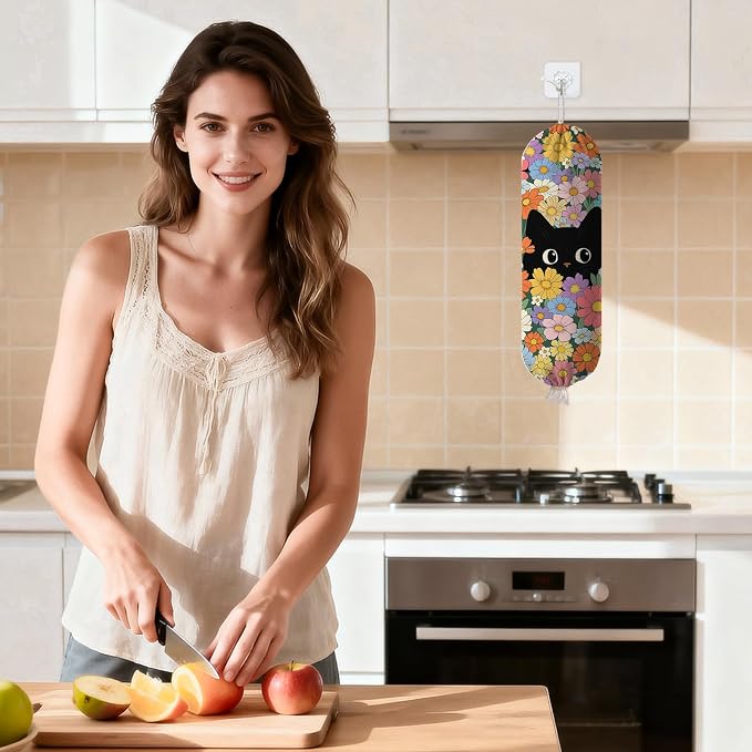 Floral Cat Plastic Bag Holder Dispenser, Plastic Grocery Bag Organizer & Wall Mount Paper Trash Bags Saver Storage for Kitchen Home Pantry Decor, Cat Kitchen Decor Shopping Bags Storage Dispenser - Image 8