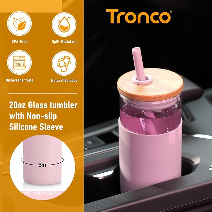 Tronco 20 oz Glass Tumbler with Lid and Straw, Iced Coffee Cup and Smoothie Cup with Bamboo Lids & Protective Silicone Sleeve, Dishwasher Safe, BPA-Free, Glass Cup 1 Pack
