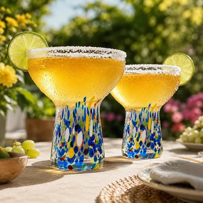 Large Stemless Hand Blown Confetti Margarita Glasses - 14 oz - Set of 2 | Colorful Artisan Glassware, Perfect for Margaritas, Martinis, Wine, Cocktails & Champagne, Great for Cinco de Mayo & Parties - Image 3
