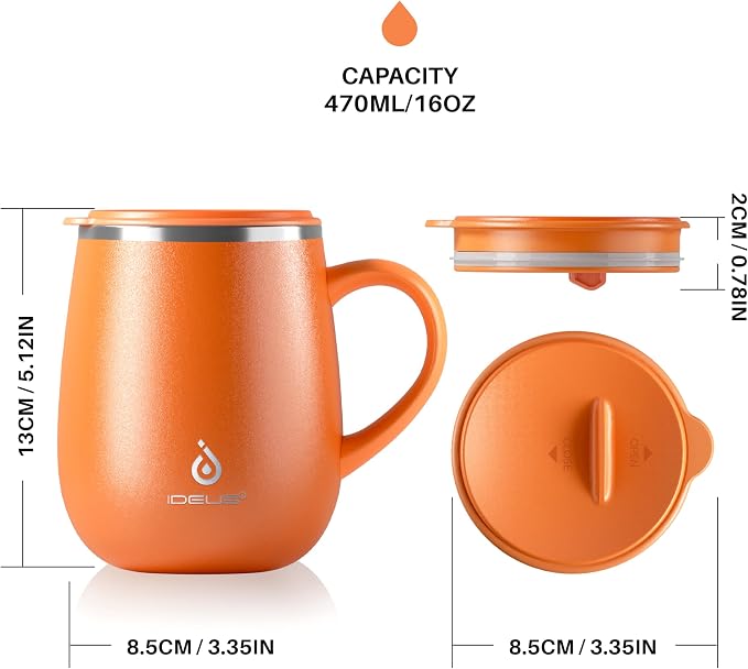 Ideus 16 oz Insulated Coffee Mug with Handle and Lid, Double Wall Stainless Steel Vacuum Thermal Coffee Mug, Travel Coffee Cup Thermal Cup for Home and Office, Orange Tiger - Image 5