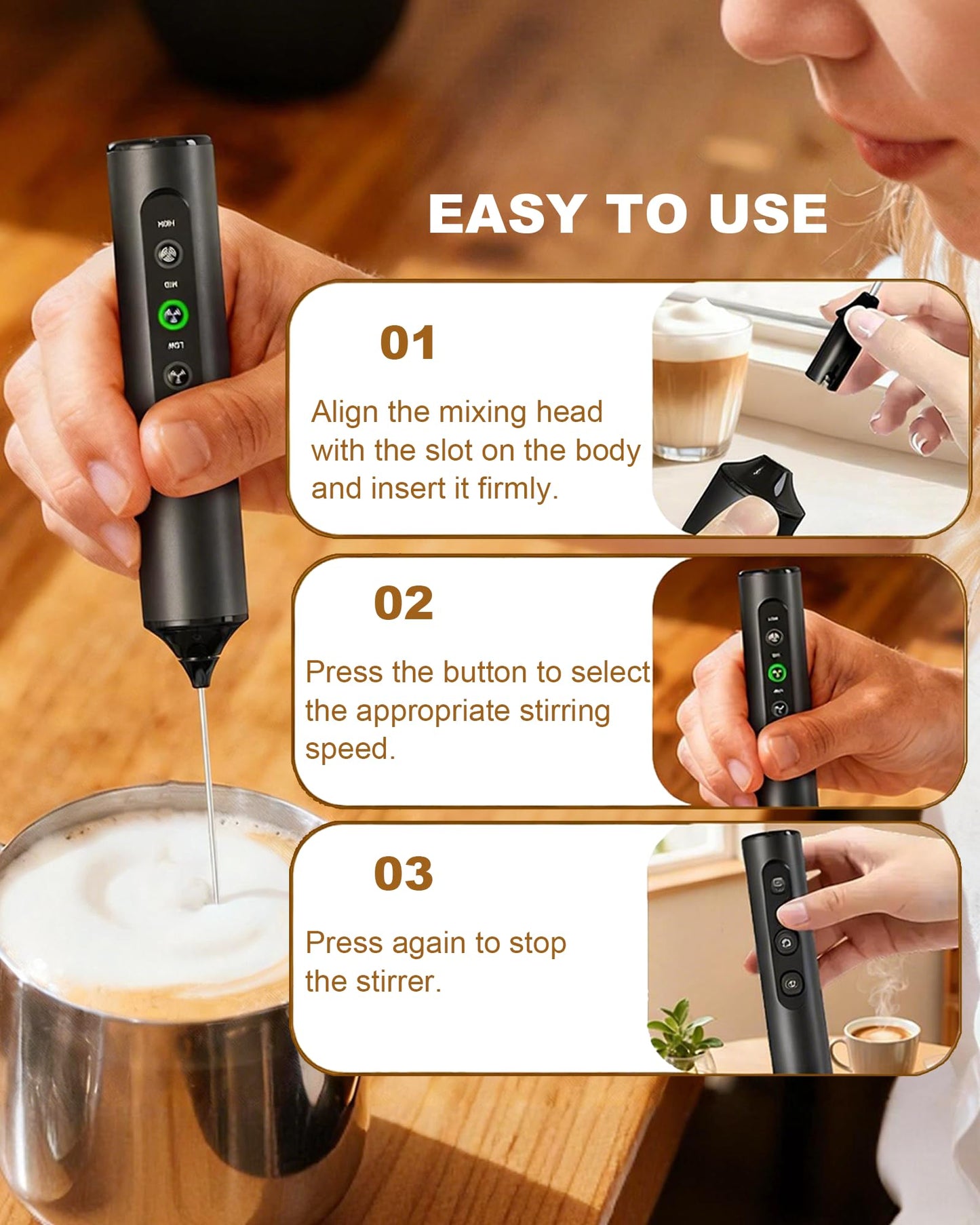 Rechargeable 3-Speed Milk Frother Wand (Black)