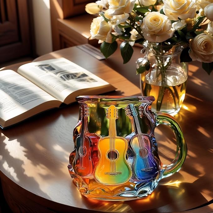 3D Guitar Art Glass Coffee Mug 12 oz – Colorful Handcrafted Cup for Coffee, Tea, Milk – Music Lover Gift – Artistic Glass Mug for Men & Women – Unique Home Décor - Image 2