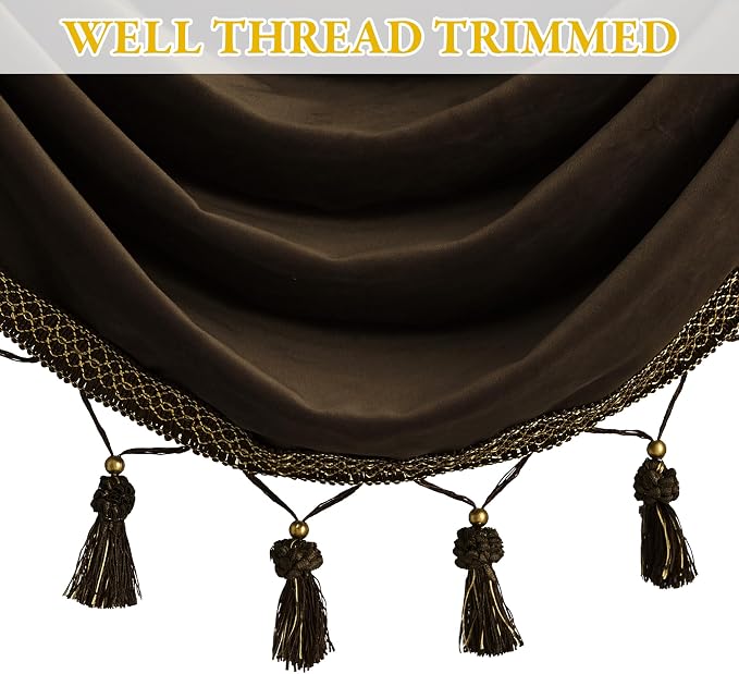 Extra Wide Brown Waterfall Valance Curtain W98 inches, 1 Panel | Super Soft Thick Heavy Velvet Fabric, Light Blocking Window Drapes Rod Pocket for Bay Window, Kitchen - Image 3