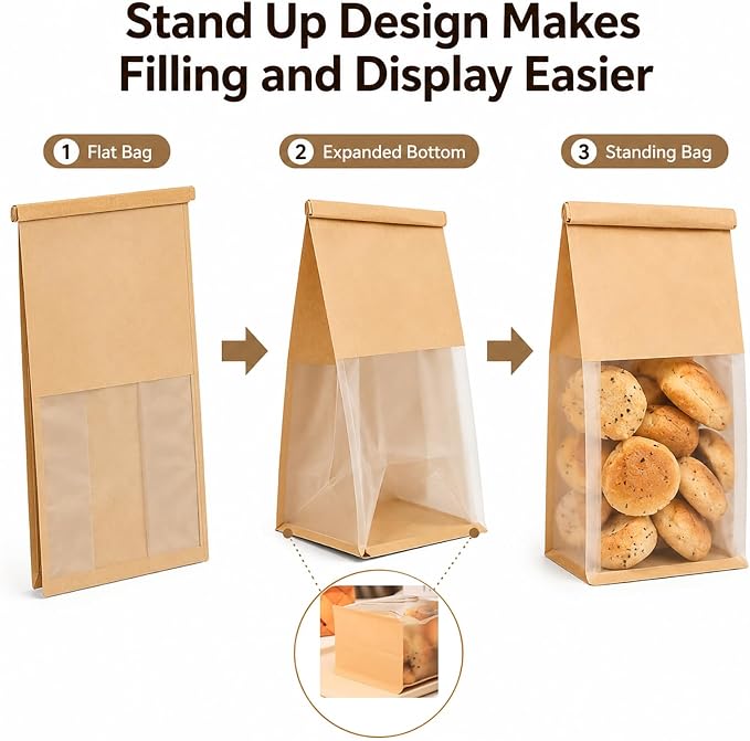 Kraft Bakery Bags with Window & Tin Tie, Stand Up Bread Bags | Window Paper Bags for Homemade Bread, Cookies, Pastries & Treats, Grease Resistant Packaging for Bake Sale, Bakery & Gifts - Image 4