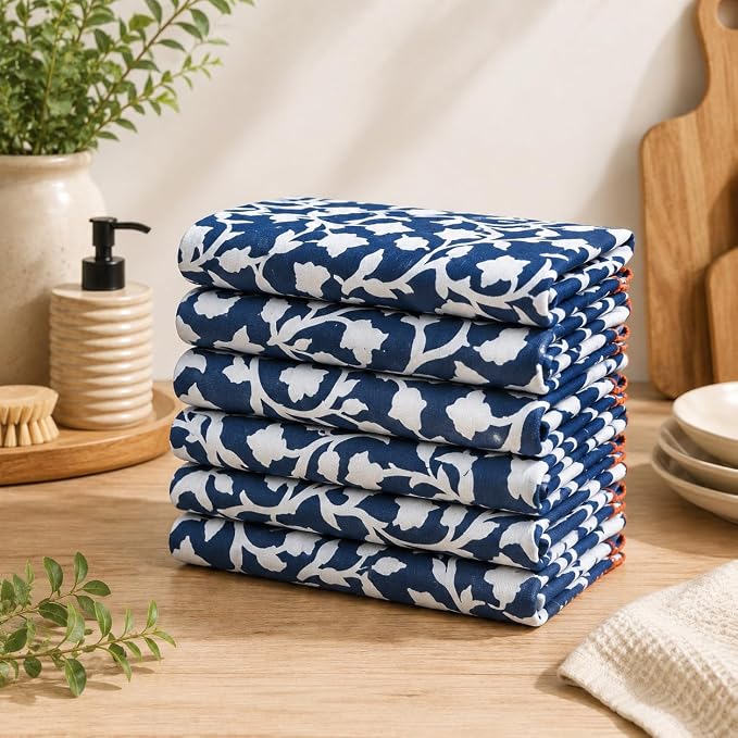 Printed Kitchen Dish Bar and Tea Towels Cotton, 18x28 inch with Trims, Cotton Dish Towel Sets (Allover Blue, Set of 6) - Image 5