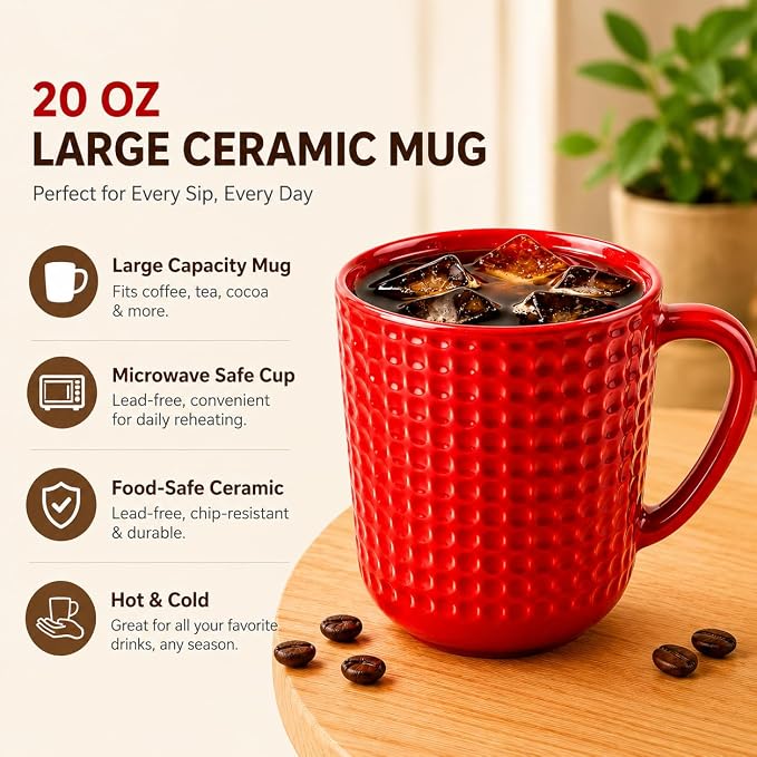 20 oz Large Coffee Mug ,Ceramic Coffee Cup with handle for Men and Women, Big Capacity Tea Mug for Latte, Milk & Cocoa, Porcelain coffee mug for Office and Home – Dishwasher & Microwave Safe,1PC,(Red) - Image 4