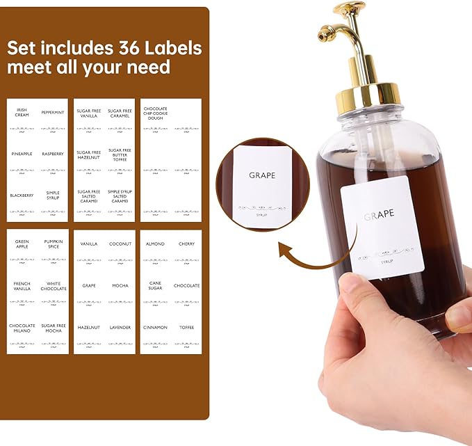 STARSIDE Coffee Bar Accessories 4 Pack - 16.9 oz/500 ml Glass Syrup Dispenser with Leakproof Gold Curved Pumps for Home Coffee, Cafes, Cocktails - Includes 31 Printed Labels, 5 Blank Labels