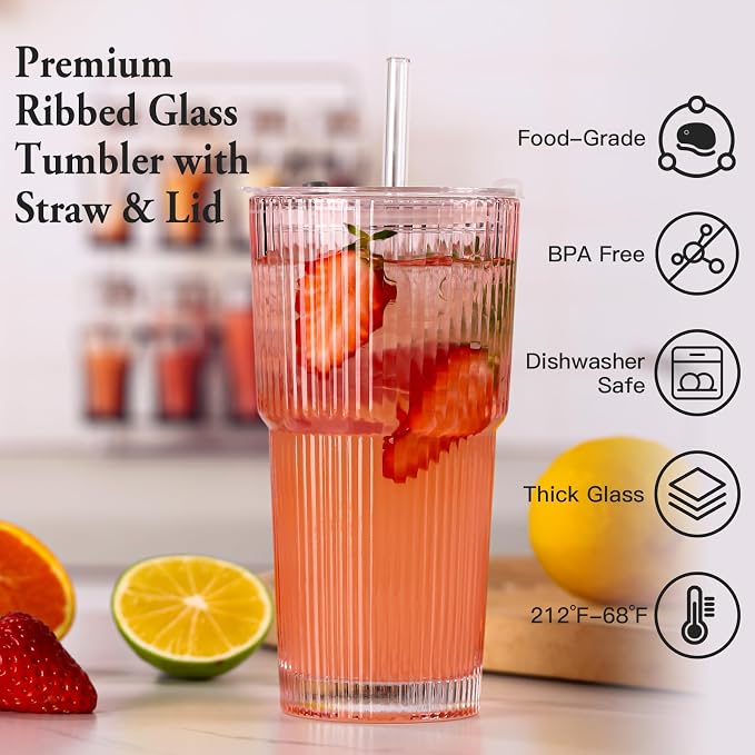 4PCS Pink Ribbed Glass Cups with Lids and Straws, 20oz Vintage Drinking Glasses, Aesthetic Iced Coffee Cups, Glass Tumbler for Boba, Beer, Tea, Cocktails, Ribbed Glassware Set,Pink - Image 2