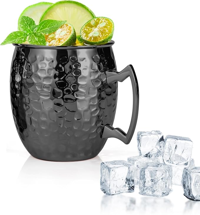 Amrules Moscow Mule Mugs, 16 OZ Black Hammered Mule Cup with 304 Stainless Steel Lining and Brass Handle, for Cold Drinks, Beer, Wine, Bars, Parties by Amrules
