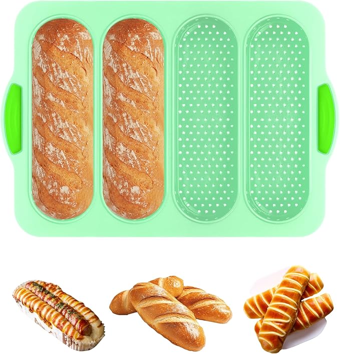 Silicone Bread Loaf Pan, 4-cavity Non-Stick Baguette Bread Pan Heat Resistant Hot Dog Bun Mold, for Sub Roll Baking Pan Bread Pans for Homemade Bread（Aqua Green）