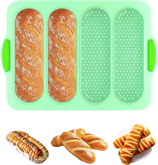 Silicone Bread Loaf Pan, 4-cavity Non-Stick Baguette Bread Pan Heat Resistant Hot Dog Bun Mold, for Sub Roll Baking Pan Bread Pans for Homemade Bread（Aqua Green）