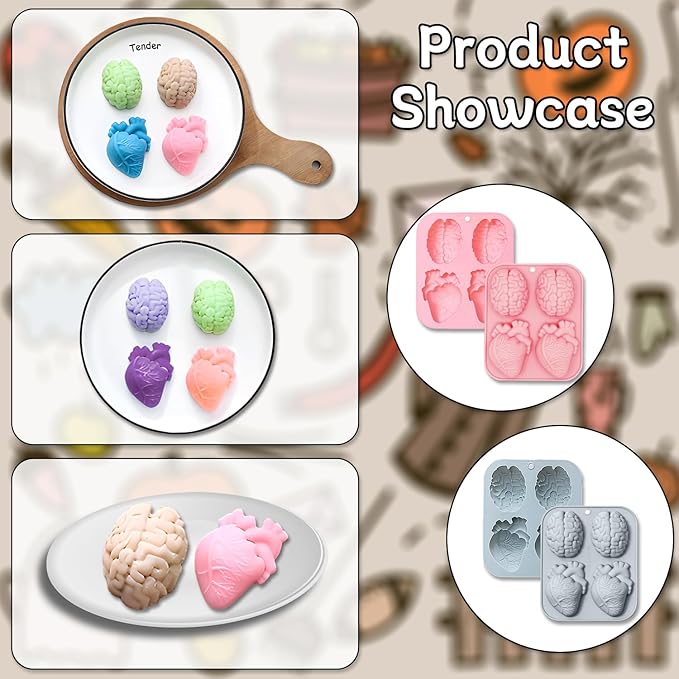 2 Pack 3D Human Brain Heart Silicone Molds, MaehSab Realistic Halloween Organ Shapes Molds for Chocolate, Pudding, Dessert, Jelly, Handmade Soap, Candle, Cake, Resin Craft Supplies