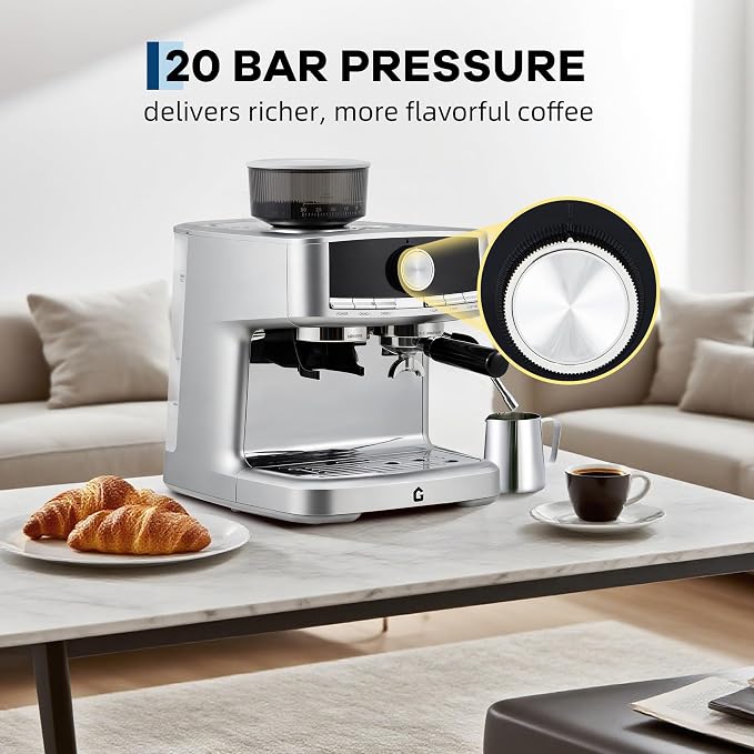 Deluxe Espresso Machine with Double Boiler, Built-in Burr Grinder | 30 Grind Settings, 1.5L Removable Tank, Use Milk Frother and Brew Espresso Simultaneously, Coffee Maker Steam Wand, Silvery - Image 3