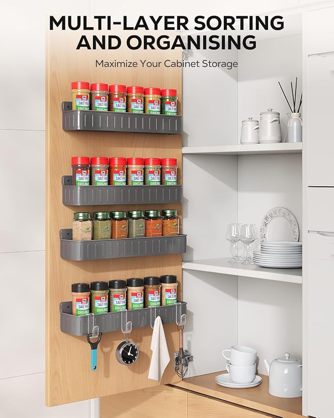 Nieifi Spice Rack Wall Mount, 4 Pack Grey, 2" Depth, Screw/Adhesive | Wall-Mounted with Removable Hooks Saves Counter Space, Fits 2" Deep Jars, Ideal for Kitchen Cabinets, Pantry Doors, and RVs. - Image 2