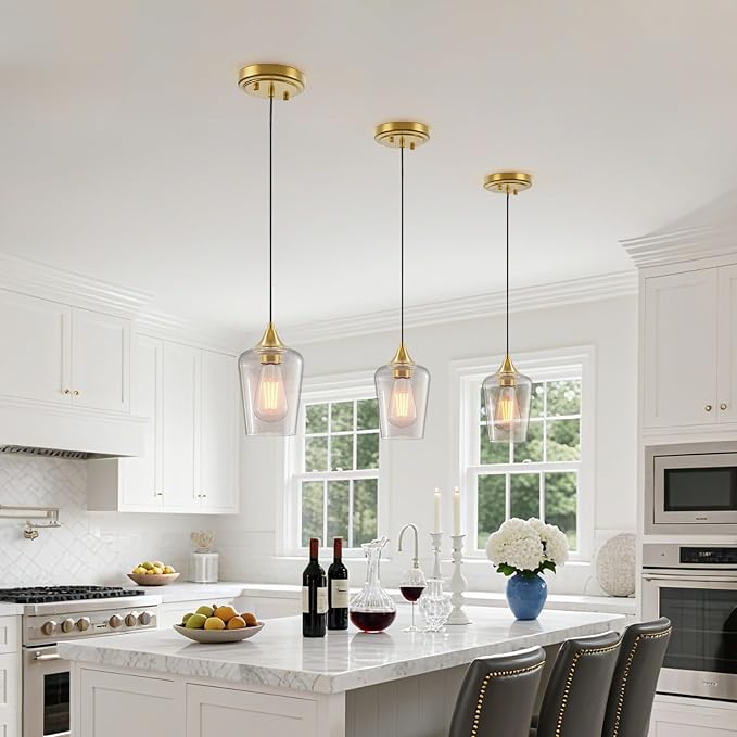 Ralbay Farmhouse Brushed Gold Pendant Light 3-Pack, Pendant Light Fixtures with Wine Clear Glass Shade, Kitchen Island Lighting for Dining Room, Rustic Adjustable Hanging Lighting Fixture - Image 5