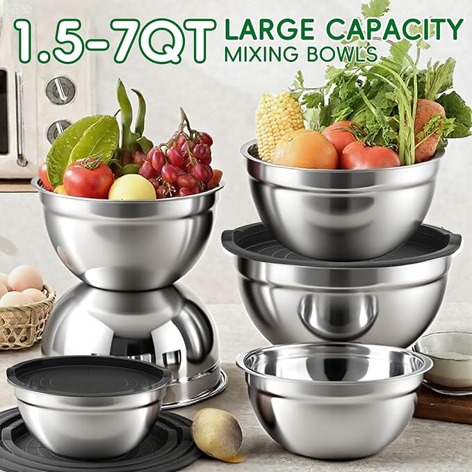 Mixing Bowls Set, 27PCS Stainless Steel Mixing Bowl with Lid Set, Large Nesting Bowls 7, 4.5, 3, 2.5, 2, 1.5QT, Measuring Cups and Spoons Baking Utensils Metal Bowl for Kitchen Prep