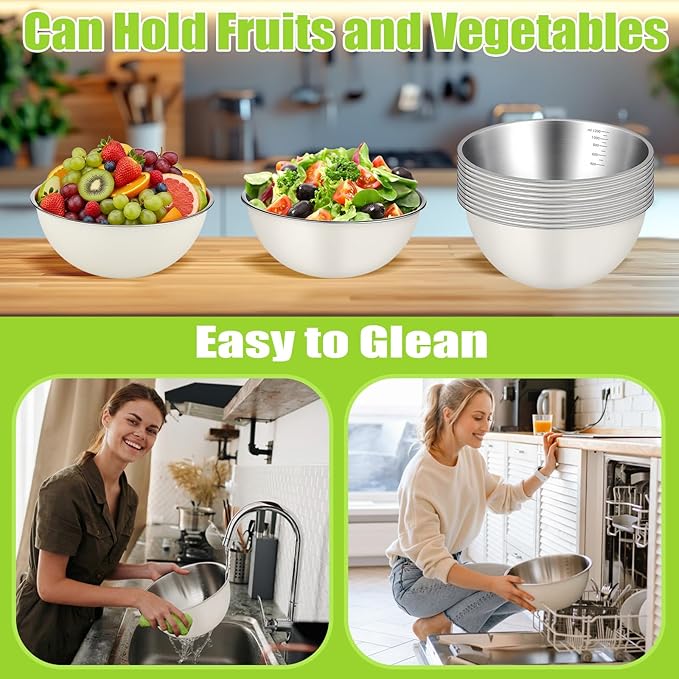 12 Pcs Stainless Steel Mixing Bowls Nesting Metal Prep Salad Bowls with Scale Reusable Baking Cooking Food Soup Storage Organizers for Kitchen Refrigerator(1.3QT)