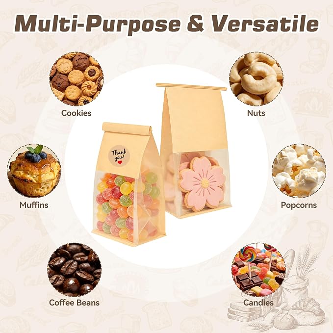 30 Pcs Cookie Bags with Seal & Tin Tie Lock, 8.2x3.9x3.1 Inch Bread Bags with Clear Window Resealable Bagel Bags for Cookies, Muffins, Candies, Snacks – 36 Stickers Included - Image 5