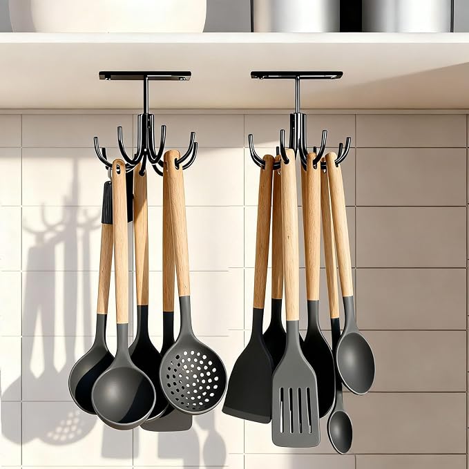 Metal Under Cabinet Kitchen Utensil Hooks,360° Rotating Kitchen Utensil Rack with 8 Hooks,Drilling Free Adhesive Utensils Hanging Rack for Tools/Towel/Knife (Black) - Image 2