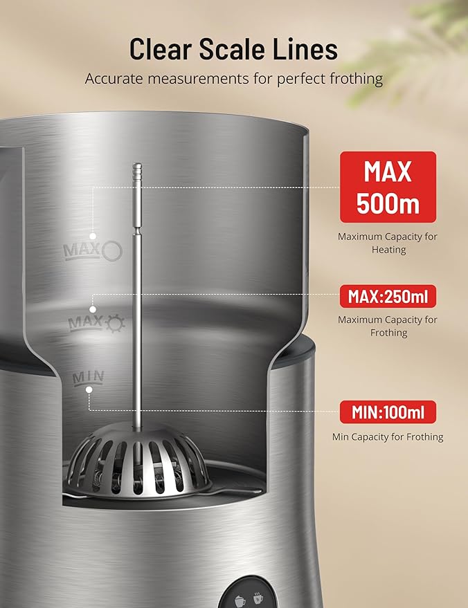 Milk Frother and Steamer, PARIS RHÔNE 4-in-1 Detachable Milk Steamer, 500ml Hot Chocolate Maker and Milk Warmer with Hot & Cold Foam, Dishwasher Safe, All Stainless Steel