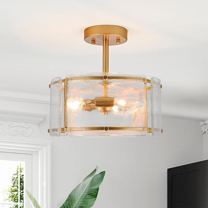 Gold Semi Flush Mount Ceiling Light Fixture for Foyer,Entryway,Hallway | 11.8" Small 3 Light Drum Modern Farmhouse Glass Ceiling Light Fixtures for Kithcen,Bedroom,Dining Room,Bathroom by Kunlinzhu