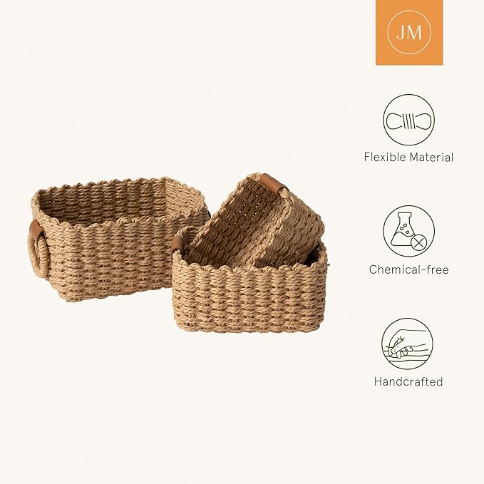 LA JOLIE MUSE Small Wicker Baskets for Organizing, Desert 3 Pack | Decorative Organizer with Vegan Leather Tag, Round Handle, Storage Baskets for Shelves, Bedroom, Kitchen, Office and Home - Image 5