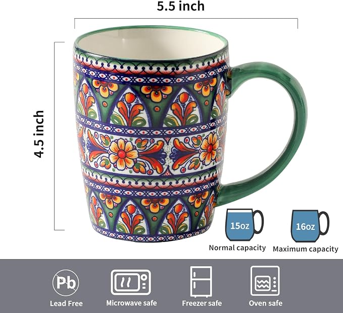 HASENSE Coffee Mugs, 15 OZ Coffee Cups Ceramic Set of 4 with Handle and Bohemian Style for Man Woman, Vintage Stoneware Porcelain Coffee Cups Set for Tea, Cocoa, Milk, Latte and Cappuccino - Multi - Image 3