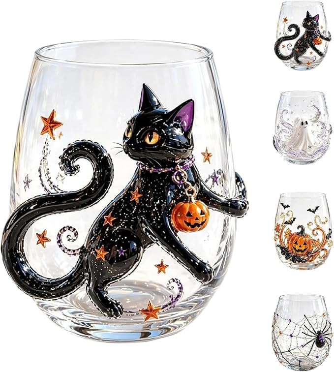 Halloween Artisan Glassware Collection,Handmade Stemless Wine Glass,Gothic Style Artistic Glass Wine Goblet Home Decor Piece Featuring Spooky Pumpkin Design Halloween Party Home Decor Gift，A by Unknown