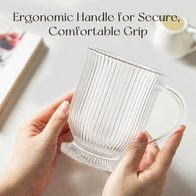 KEMORELA Ribbed Glass Coffee Mug Set, 16oz Clear Glass Mugs with Handle, Bar Accessories, Durable Drinkware for Hot Beverages, Set of 2 Coffee Mugs - Image 7