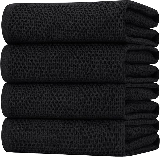 Homaxy 100% Cotton Oversized Waffle Weave Kitchen Towels 4-Pack, Black | 20 x 28 Inches, Ultra Soft Absorbent Dish Towels, Quick Drying Large Cleaning Towels by Homaxy