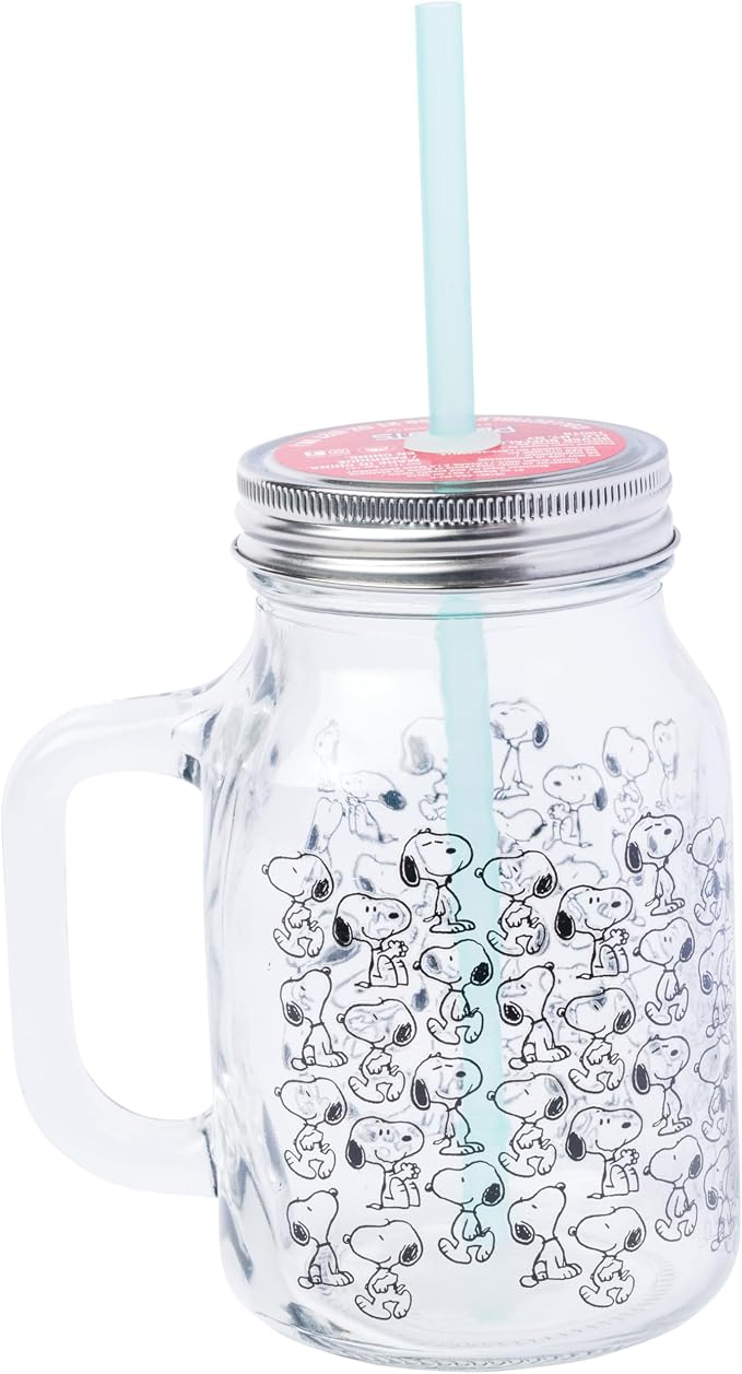 Silver Buffalo Peanuts Snoopy, Glass Mason Jar with Handle and Straw, 21oz | Includes Lid, 0.62 Liters - Image 2