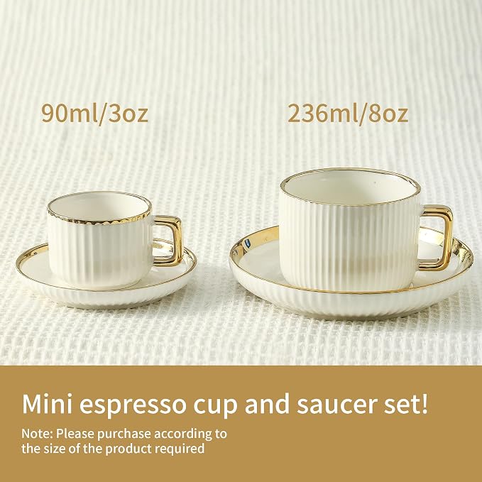 LETAOTAO Espresso Cups Set of 4, 3oz Espresso Cups and Saucers | Ceramic Coffee Cups with Gold Trim, Stackable Mini Demitasse Mugs for Espresso, Cappuccino,Latte, Americano and Tea - Image 3