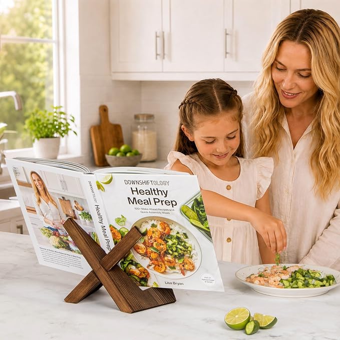 PUERSI Cookbook Stand for Kitchen, Recipe Book Holder for Kitchen Counter | Wooden Cookbook Holder, Rustic Cook Book Holder Stand - Rustic Brown - 1 Set - Image 7