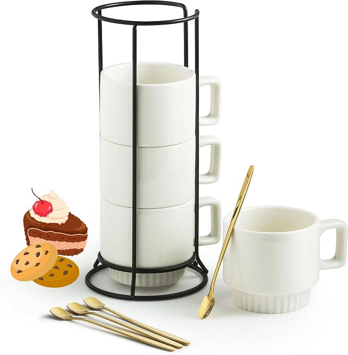 Miamolo Coffee Mugs Set of 4, Stackable Coffee Cups with Stand and Spoons | 11oz, Ceramic | for Espresso Cappuccino Latte Tea Drinks | Dishwasher & Microwave Safe | Housewarming Gift | White by Miamolo