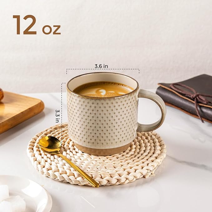 GBhome 12 OZ Stackable Coffee Mugs Set of 6, Ceramic Blue Coffee Cups Set | 3 Assorted Designs, Embossed Mugs with Texture Patterns for Tea/Coffee, Dishwasher&Microwave Safe, Pale Khaki - Image 2