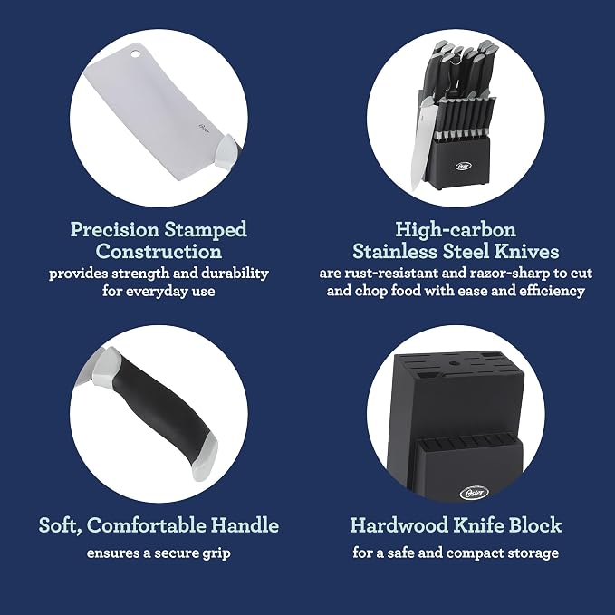 Oster Lindbergh 22 Piece High Carbon Stainless Steel Cutlery Kitchen Knife Block Set w/Black Knife Block - Black Handle - Cuchillos Para Cocina - Image 4