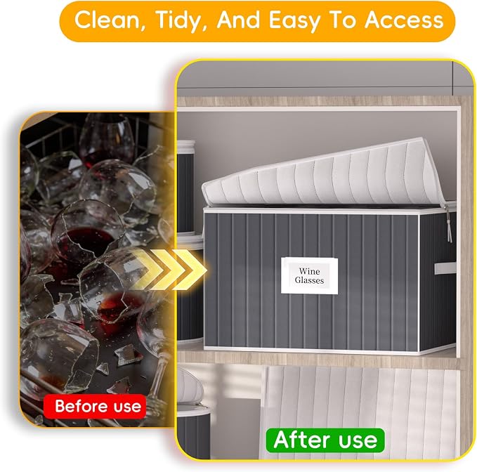 Wine Glass Storage Box, Glassware Storage Containers w/Hard Shell Side Bottom Support & Padded Dividers, Stackable Stemware Storage Case for 24 China Crystal Glasses Drinkware, Moving Supplies - Image 6